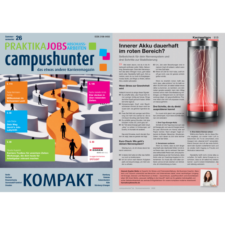 Zwei Seiten der Zeitschrift campushunter mit Titel und Artikel zur Nervensystemregulation.